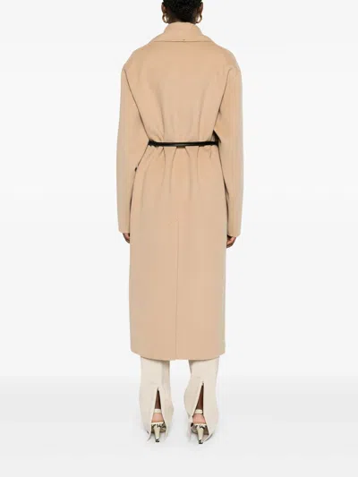 Sportmax Long Coat With Belted Waist And Pockets In Brown