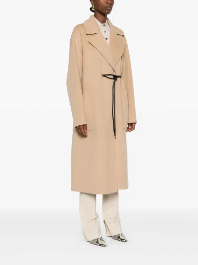 Sportmax Long Coat With Belted Waist And Pockets In Brown
