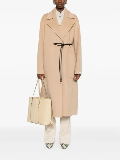Sportmax Long Coat With Belted Waist And Pockets In Brown