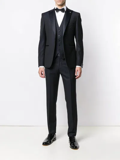 Tagliatore Three-piece Tailored Suit In Rich Blue Virgin Wool In Black