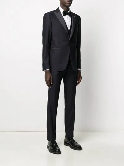 Tagliatore Three-piece Tailored Suit With Silk-effect Lapels In Black