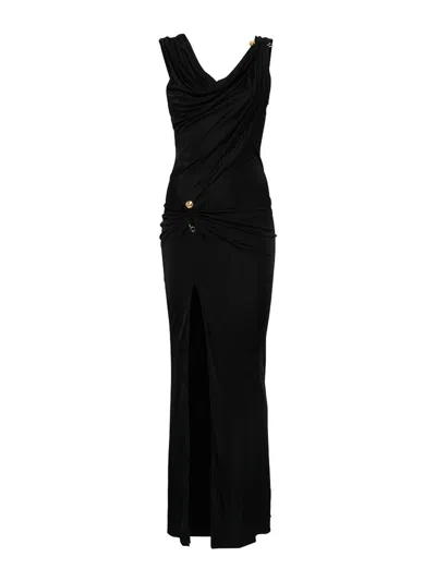 Versace Embellished Draped Stretch-jersey Gown In Black