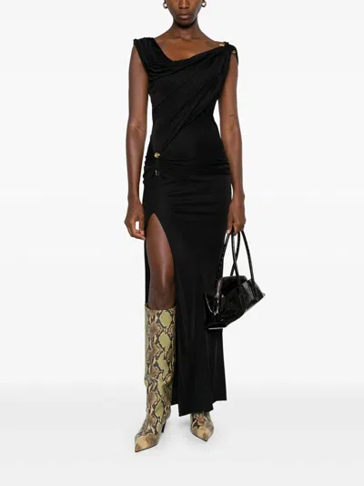 Versace Embellished Draped Stretch-jersey Gown In Black