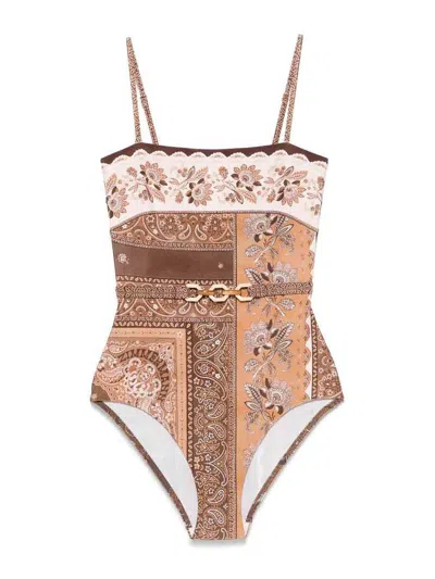 Zimmermann Lucky Belted One-piece Bandeau Swimsuit In Brown