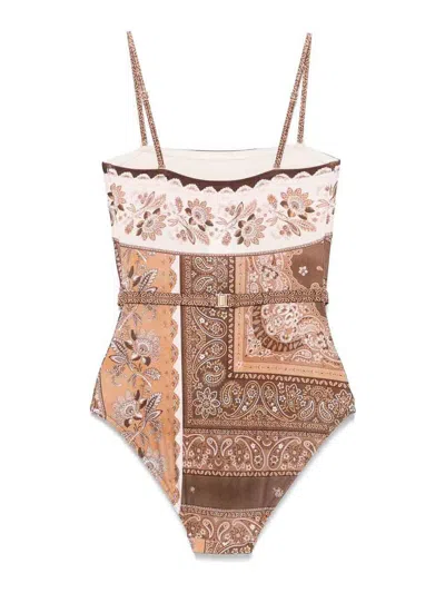 Zimmermann Lucky Belted One-piece Bandeau Swimsuit In Brown