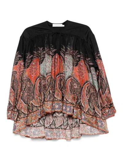 Zimmermann Rhiannon Ruffle Billow Silk Blouse In Black Paisley  In Black