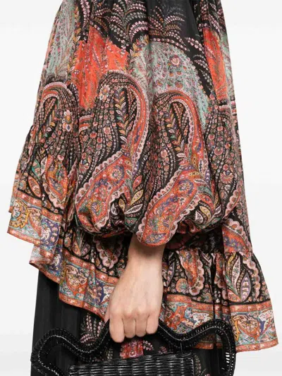 Zimmermann Rhiannon Ruffle Billow Silk Blouse In Black Paisley  In Black
