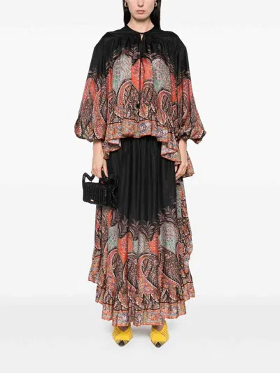 Zimmermann Rhiannon Ruffle Billow Silk Blouse In Black Paisley  In Black