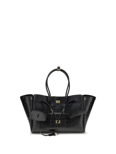 Balenciaga Carry All Bel Air Leather Shoulder Bag With Croco Effect In Black