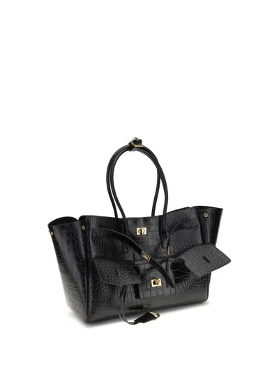 Balenciaga Carry All Bel Air Leather Shoulder Bag With Croco Effect In Black