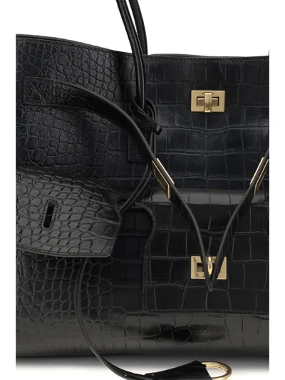 Balenciaga Carry All Bel Air Leather Shoulder Bag With Croco Effect In Black