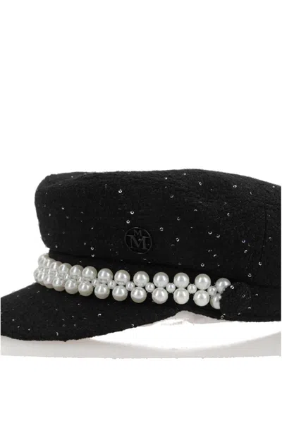 Maison Michel Abby Sequined Tweed Newsboy Hat In Black