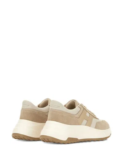 Hogan Panelled Design Leather Sneakers With Ridged Sole In Beige