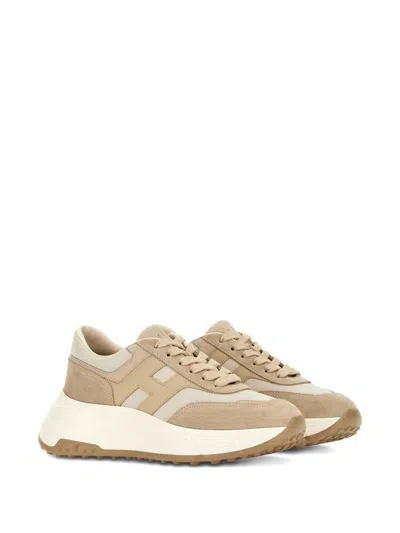 Hogan Panelled Design Leather Sneakers With Ridged Sole In Beige