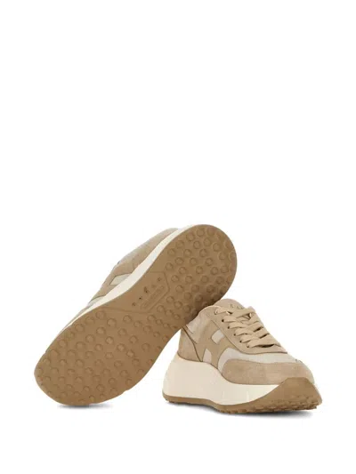 Hogan Panelled Design Leather Sneakers With Ridged Sole In Beige