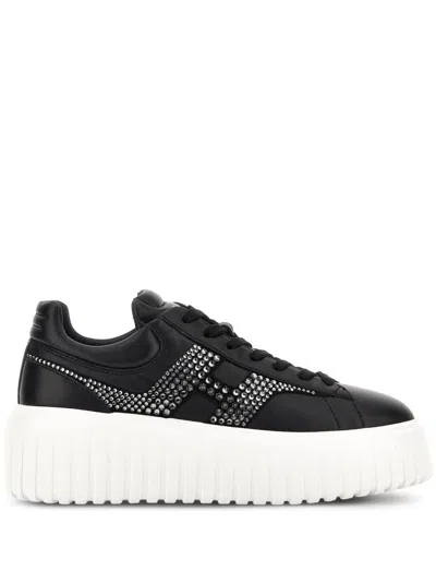 Hogan Leather Sneakers With Platform Sole And Embellished Stripes In Black