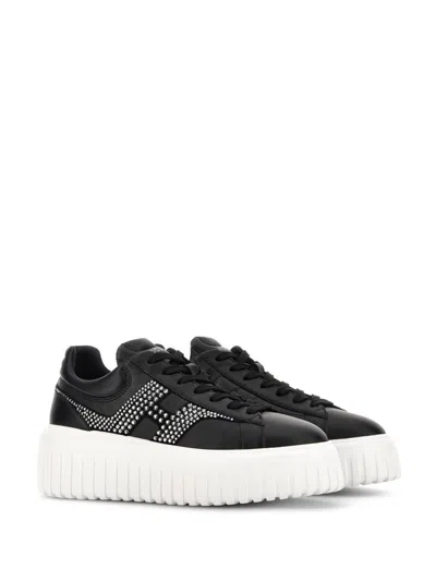 Hogan Leather Sneakers With Platform Sole And Embellished Stripes In Black
