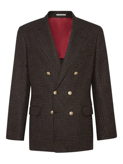 Brunello Cucinelli Prince Of Wales One-and-a-half Breasted Blazer With Metal Buttons Clothing In Brown