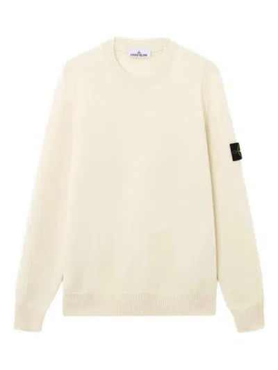 Stone Island Crew Neck Wool Sweater With Reverse Stitch Details In White
