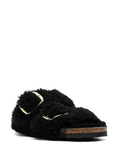 Birkenstock Arizona Shearling Slides With Large Buckle In Black