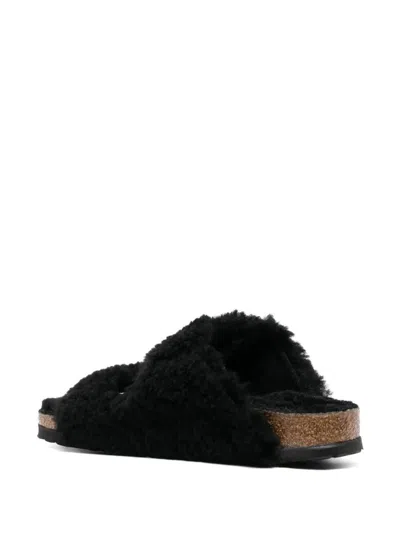Birkenstock Arizona Shearling Slides With Large Buckle In Black