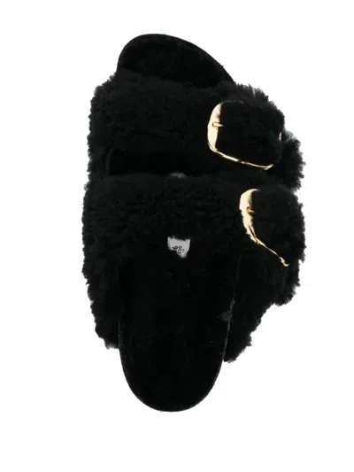 Birkenstock Arizona Shearling Slides With Large Buckle In Black