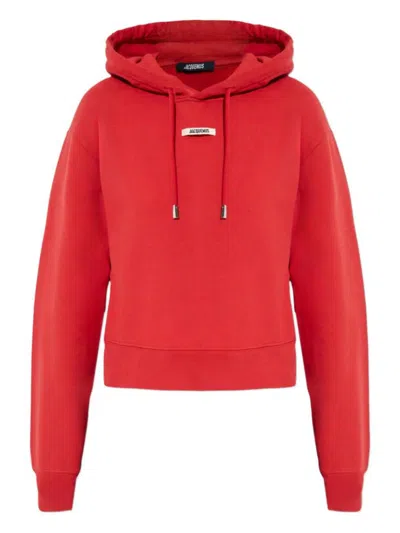 Jacquemus Cropped Hooded Drawstring Top In Red