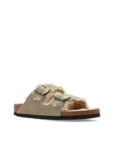 Birkenstock Arizona Suede Shearling Dual-buckle Slide Sandals In Gray