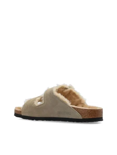 Birkenstock Arizona Suede Shearling Dual-buckle Slide Sandals In Gray