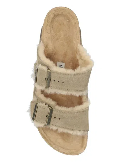 Birkenstock Arizona Suede Shearling Dual-buckle Slide Sandals In Gray