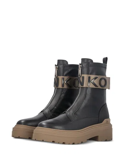 Pinko Leather Combat Boots With Branded Front Stretch Ribbon In Black