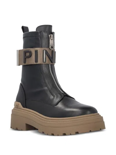 Pinko Leather Combat Boots With Branded Front Stretch Ribbon In Black