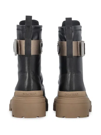 Pinko Leather Combat Boots With Branded Front Stretch Ribbon In Black