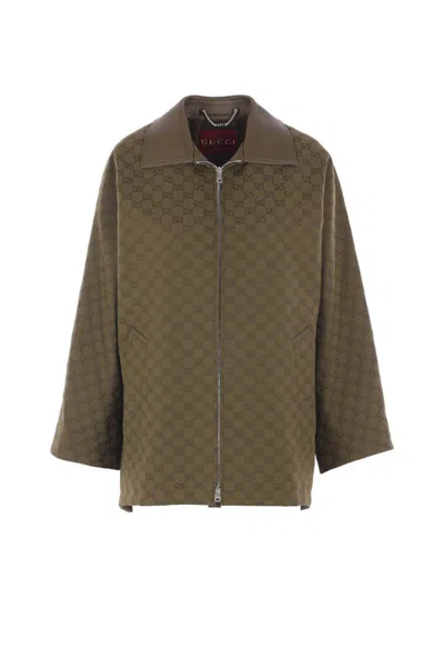 Gucci Gg Monogram Leather-trimmed Oversized Jacket In Green