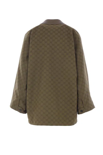 Gucci Gg Monogram Leather-trimmed Oversized Jacket In Green