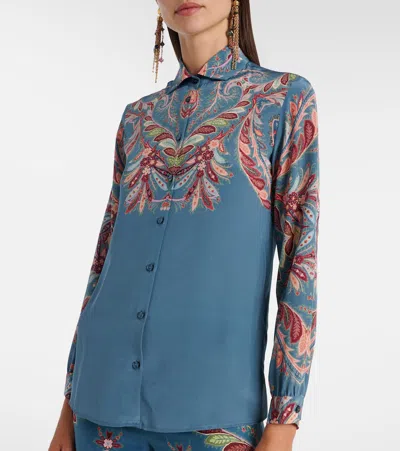 Etro Paisley Print Silk Shirt In Blue