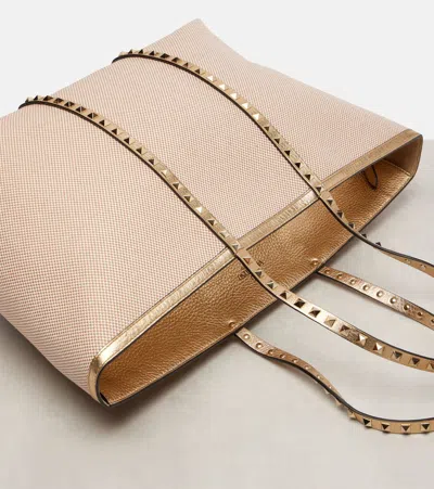 Valentino Rockstud Large Leather And Canvas Tote Bag In Brown