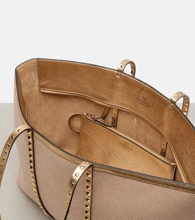 Valentino Rockstud Large Leather And Canvas Tote Bag In Brown