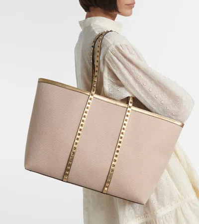 Valentino Rockstud Large Leather And Canvas Tote Bag In Brown