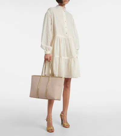 Valentino Rockstud Large Leather And Canvas Tote Bag In Brown