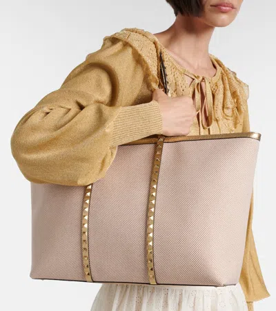Valentino Rockstud Large Leather And Canvas Tote Bag In Brown
