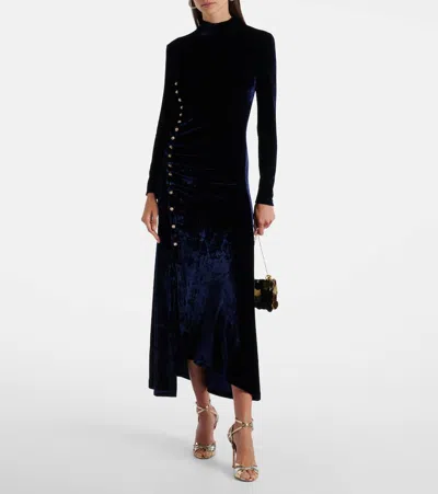 Rabanne Asymmetric Ruched Embellished Velvet Turtleneck Dress In Blue