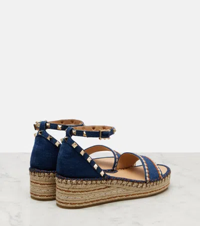Valentino Garavani Rockstud Double Flatform Sandal In Denim 55mm Woman Blue 39 In Blue