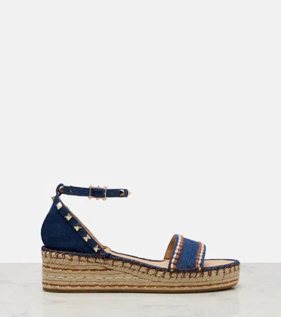 Valentino Garavani Rockstud Double Flatform Sandal In Denim 55mm Woman Blue 39 In Blue