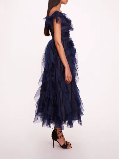 Marchesa Matte Organza Midi Dress In Navy