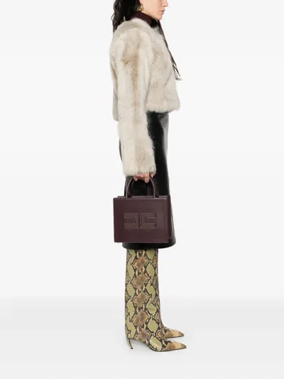 Elisabetta Franchi Structured Tote Bag With Dual Handles And Gold-tone Logo In Purple