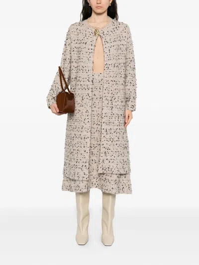 Fabiana Filippi Textured Speckled Long Coat With Layered Hem And Decorative Button In Brown