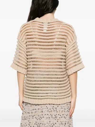 Fabiana Filippi Loose Boxy Knit Top With Horizontal Open-knit Stripes In Neutral