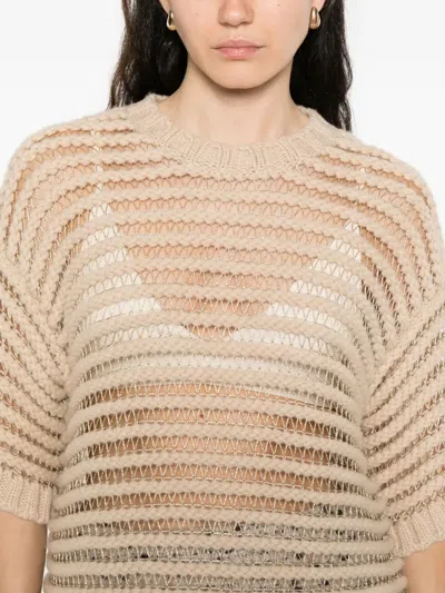 Fabiana Filippi Loose Boxy Knit Top With Horizontal Open-knit Stripes In Neutral