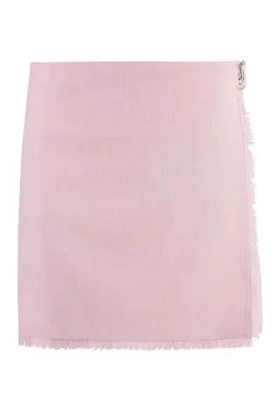 Burberry Wool Miniskirt With Buckle And Fringed Hem In Pink
